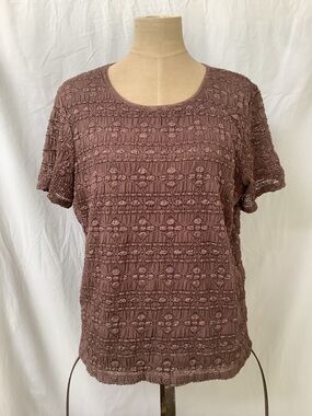 East 5th Stretch Top Shirt-Brown w/Brown Lace Overlay-Short Sleeve-EUC-1X